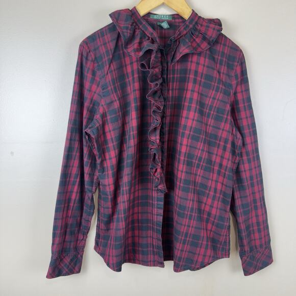 Lauren Ralph Lauren Tops - Lauren Ralph Lauren Buffalo Plaid Ruffle Shirt Top Long Sleeve Women’s Size L